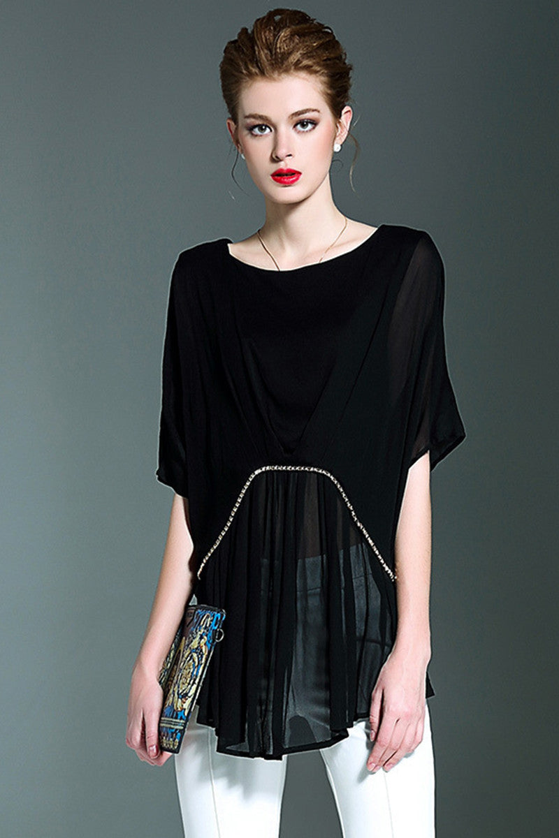 Round Neck Patchwork Short Sleeve Pleated Long T-shirts