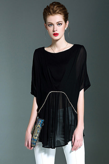 Round Neck Patchwork Short Sleeve Pleated Long T-shirts
