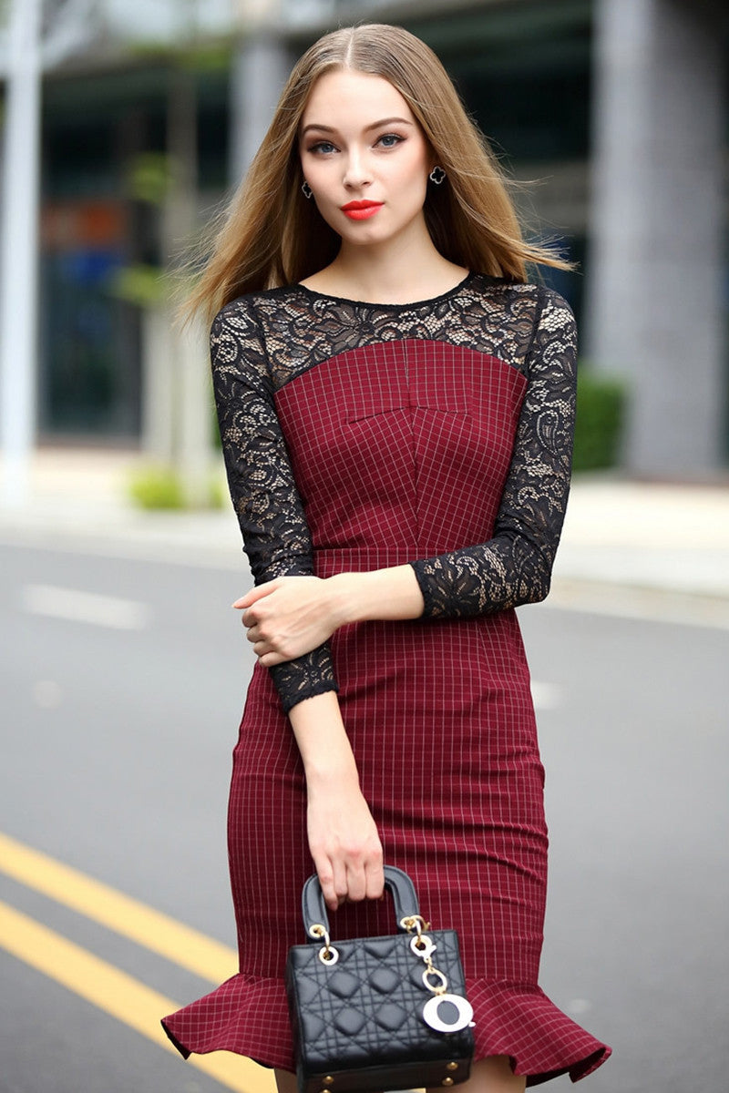 Grid Fishtail Dress With Lace On Shoulder