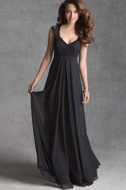 Deep V Neck Lace Cap Sleeve Flare Long Dress