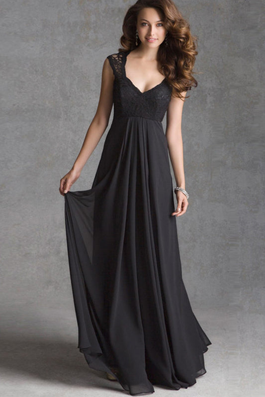 Deep V Neck Lace Cap Sleeve Flare Long Dress