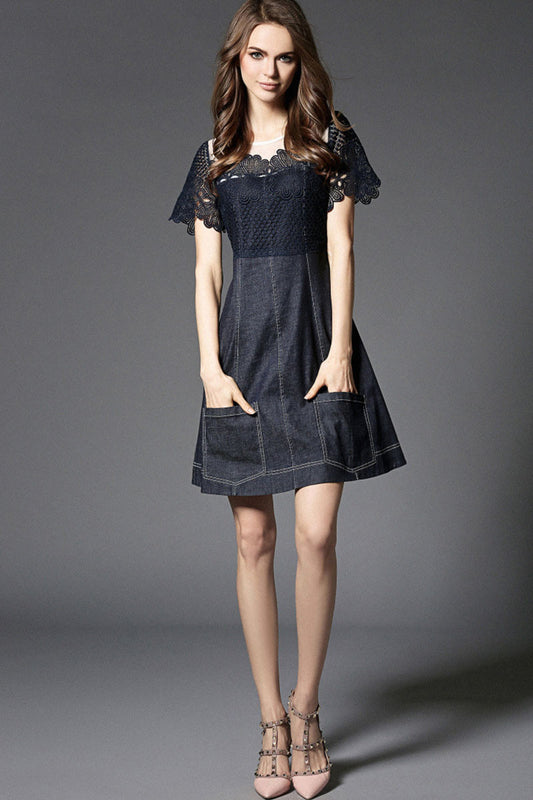 SLIM ROUND NECK JEAN SPLICE LACE SHORT SLEEVE HOLLOW OUT COCKTAIL DRESS