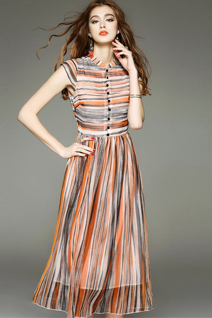 Stand Collar Cap Sleeve Stirpe Printed Midi Dress