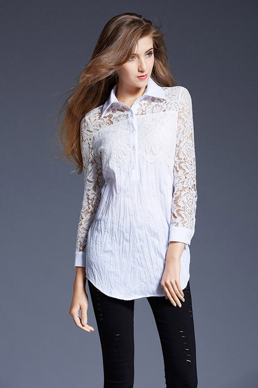 Peter Pan Collar Hollow Out Lace Shirt Top - NJOYDRESS - 1