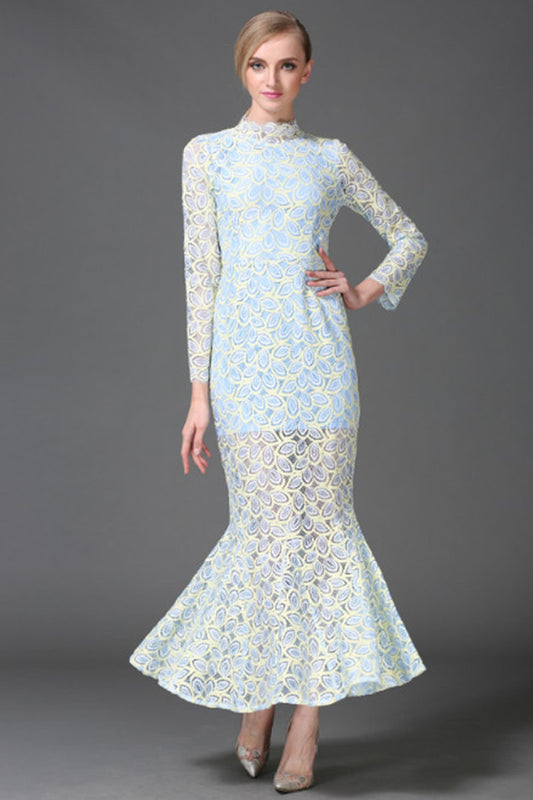 WOMEN'S ELEGANT DOT PRINTING LONG SLEEVE VINTAGE STAND COLLAR LONG DRESS