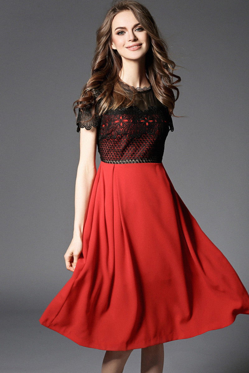 LACE ROUND NECK SHORT SLEEVE MESH COCKTAIL MIDI DRESS
