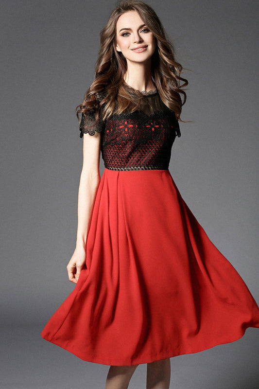 LACE ROUND NECK SHORT SLEEVE MESH COCKTAIL MIDI DRESS
