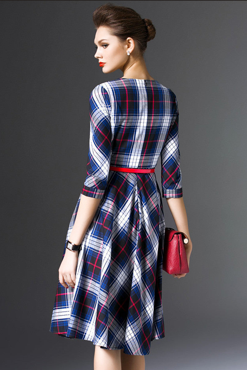 1/2 Sleeve Check Dress - NJOYDRESS - 3