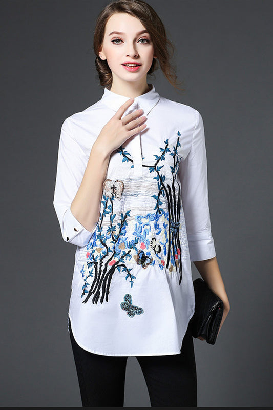 Roll Collar Embroidery 3/4 Sleeve Front Short Long Back Shirt - NJOYDRESS - 1
