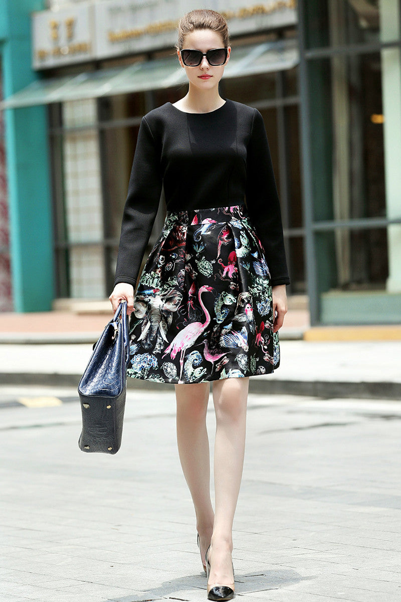 WOMEN'S CASUAL LONG SLEEVE PRINT AND FLORAL MINI DRESS