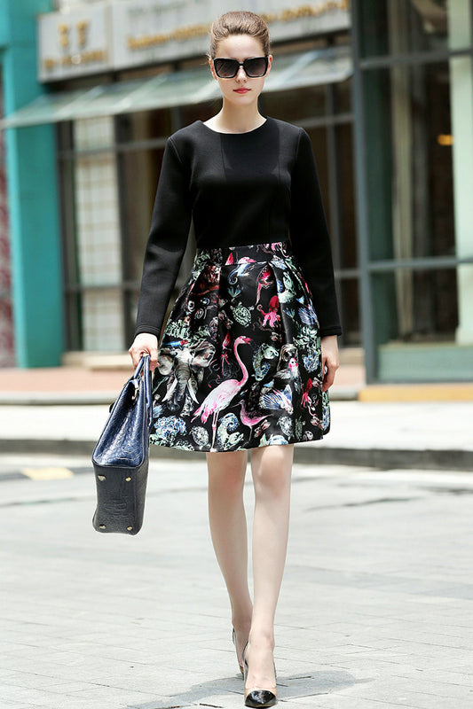 WOMEN'S CASUAL LONG SLEEVE PRINT AND FLORAL MINI DRESS