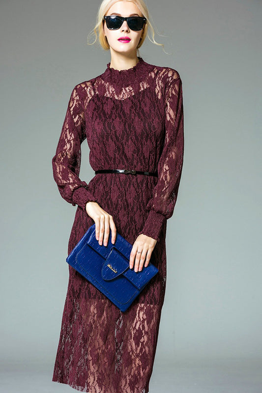 WOMEN'S ELEGANT LONG SLEEVE LACE STAND COLLAR MIDI DRESS WITH BELT