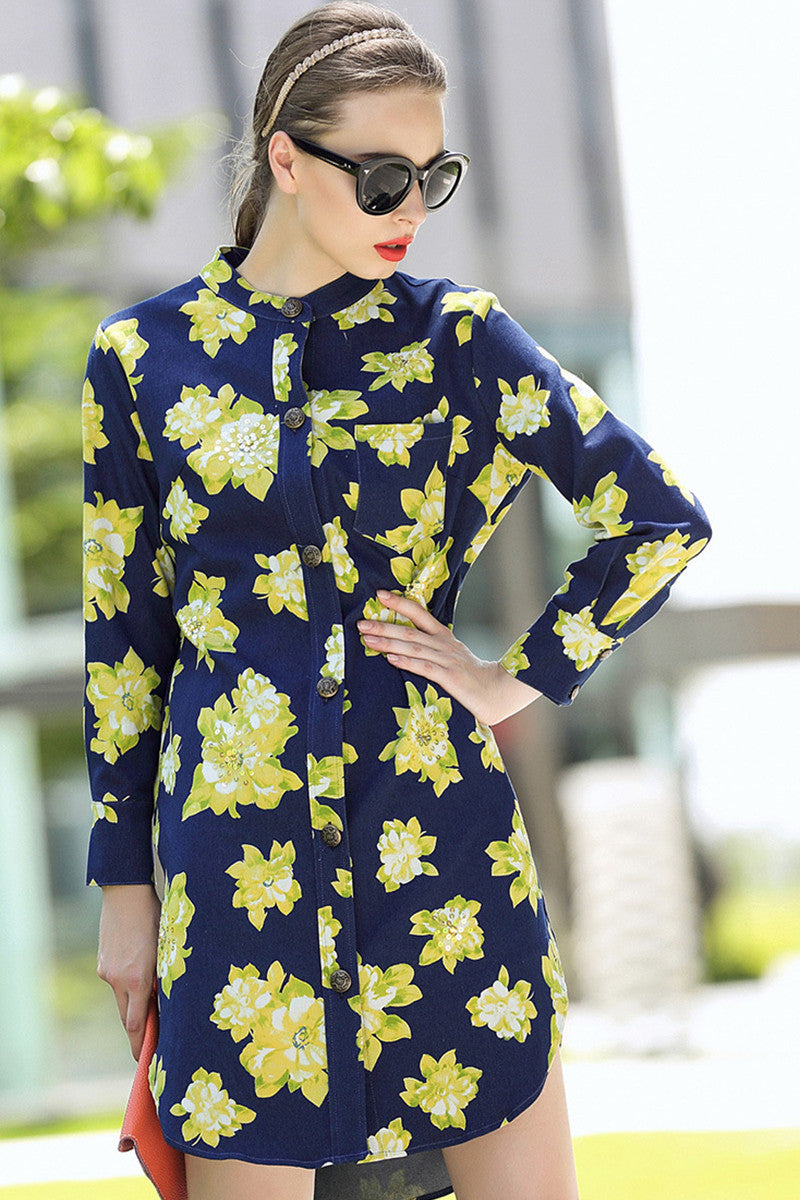 women's casual flower printing stand collar long sleeve loose dress