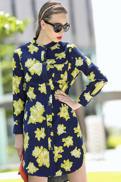 women's casual flower printing stand collar long sleeve loose dress