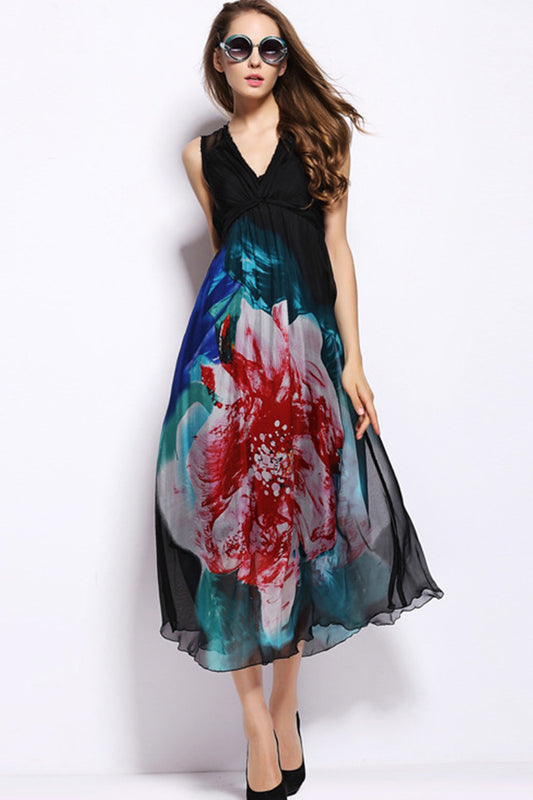 Raw Edge Knotted Floral Maxi Dress