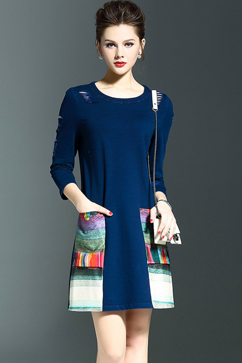 women's round neck print and floral 3/4 sleeve vintage short dress