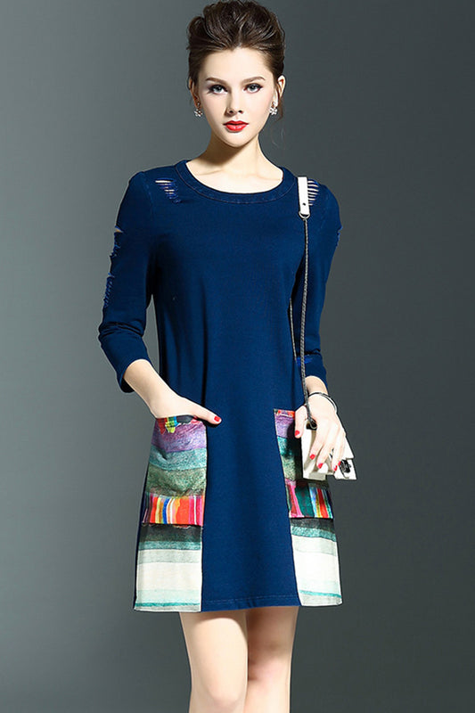 women's round neck print and floral 3/4 sleeve vintage short dress