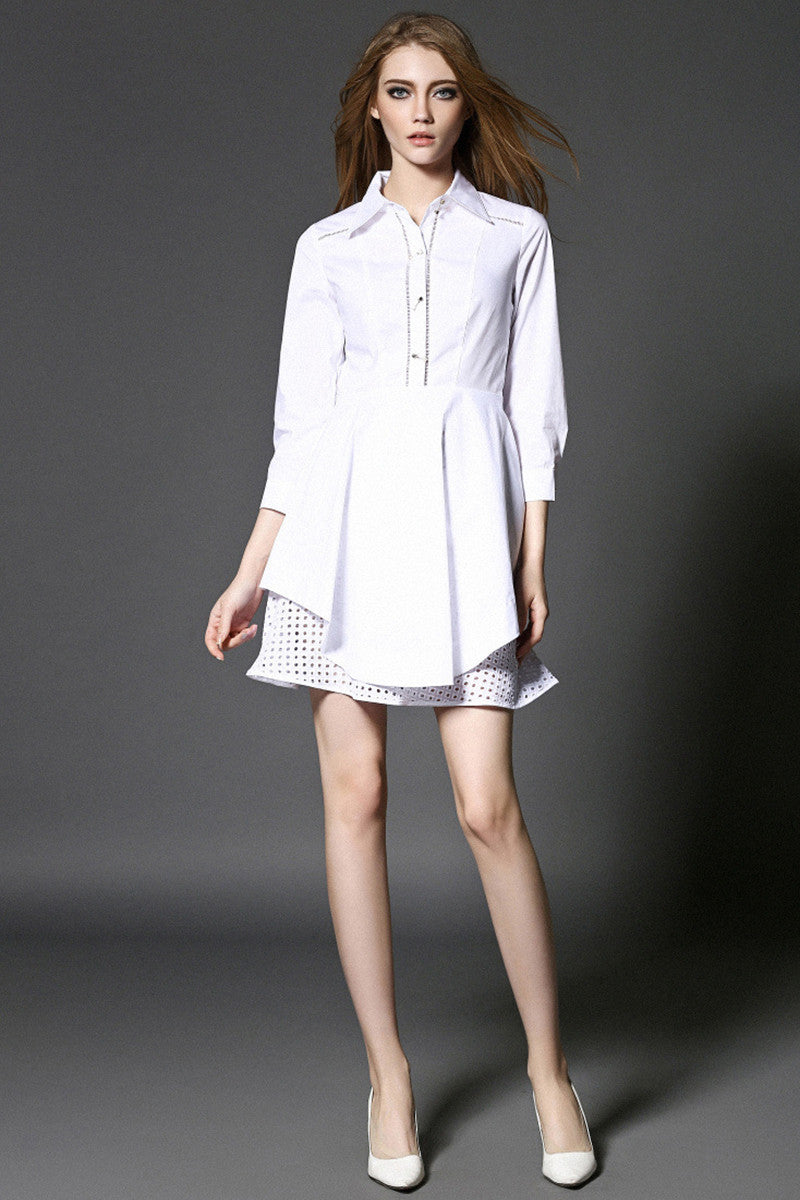 Lapel Neck Tunic Irregular  Ruffle Hemline Shirt Dress