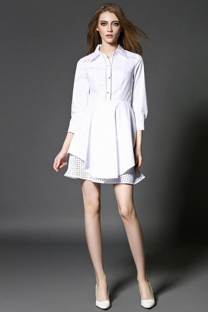 Lapel Neck Tunic Irregular  Ruffle Hemline Shirt Dress