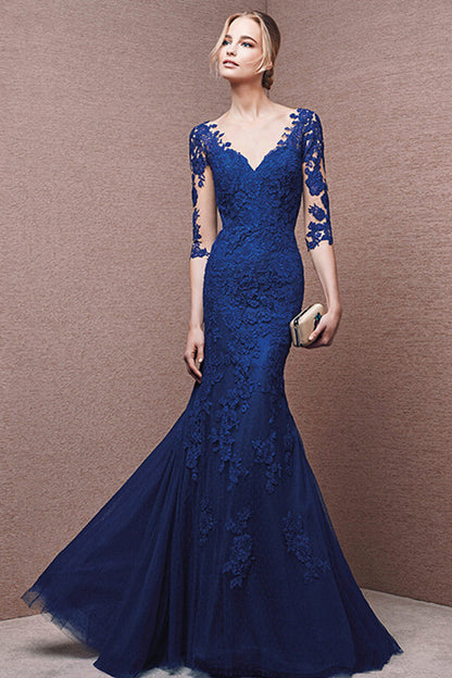 Deep V Neck Sheer Lace Open Back Fish Tail Maxi Dress