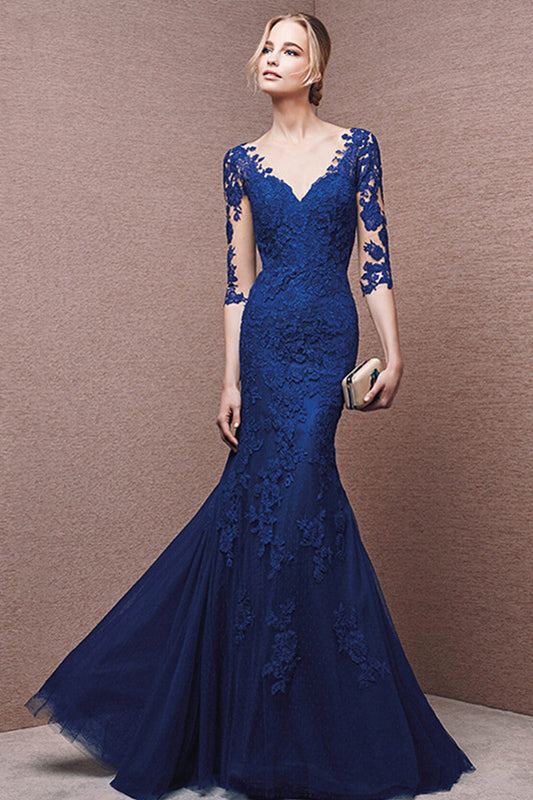 Deep V Neck Sheer Lace Open Back Fish Tail Maxi Dress