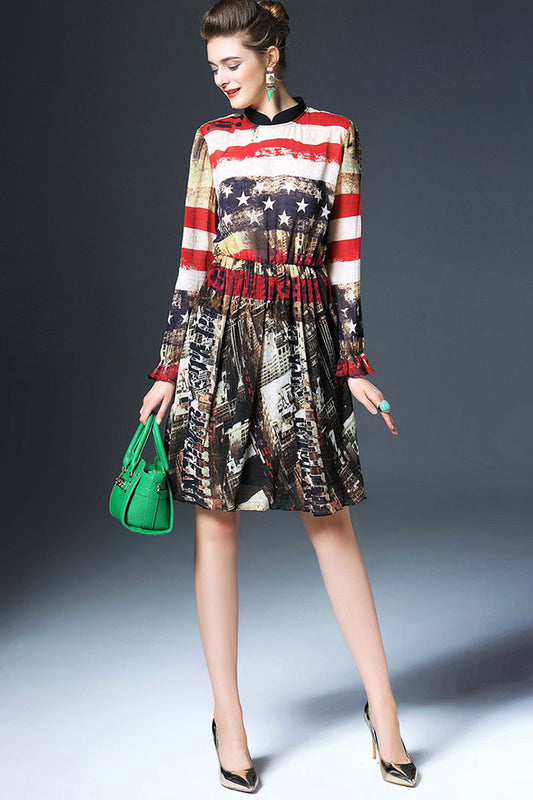Flag And Scene Pattern Dress - NJOYDRESS - 1