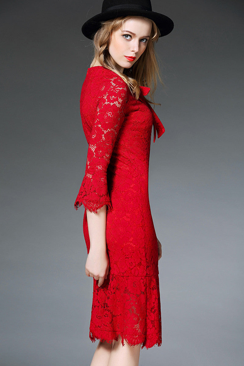 Bowknot Neck Lace Patch Falre Sleeve Fish Tail Dress - NJOYDRESS - 2