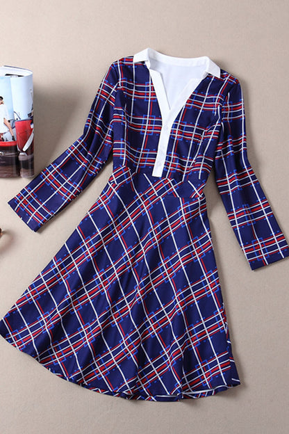 PLAID V NECK AND LAPEL SLIM LONG SLEEVE PARTY DRESS
