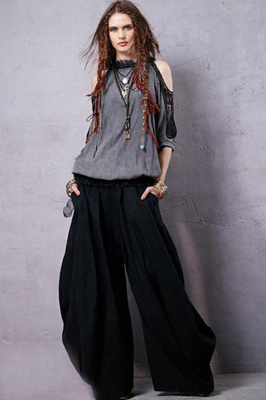 Stand Collar Crohet Open Sleeve Organza Denim Top
