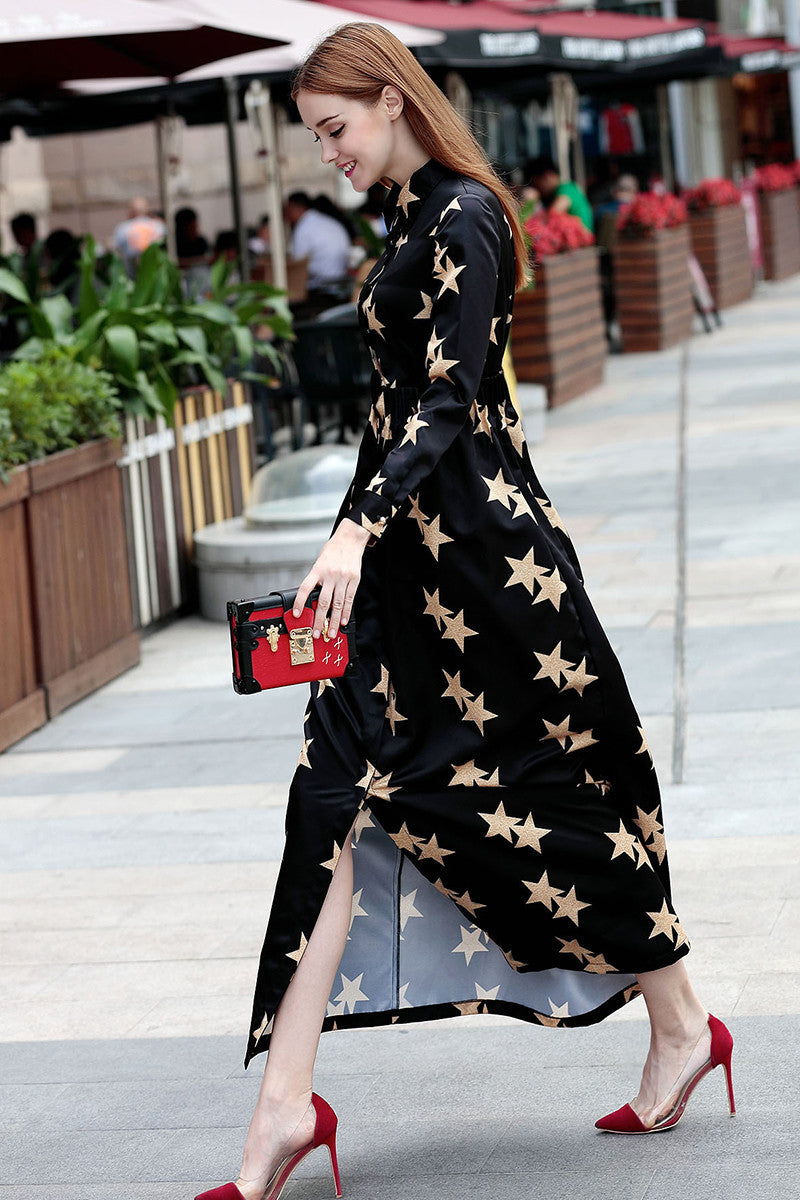 Roll  Collar Stars Print Front Slit Ankle Dress - NJOYDRESS - 2