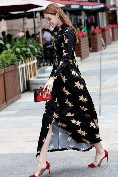 Roll  Collar Stars Print Front Slit Ankle Dress - NJOYDRESS - 2
