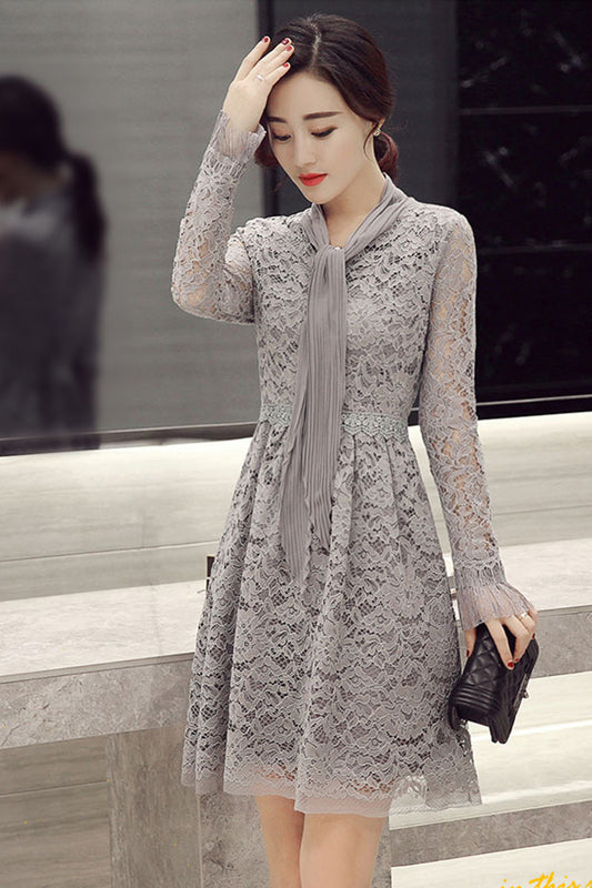 CASUAL LACE LONG SLEEVE V NECK VACATION HOLLOW-OUT DRESS