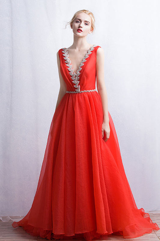 Deep V Neck Sequined Beaded Flowy Tulle Overlaid Long Dress