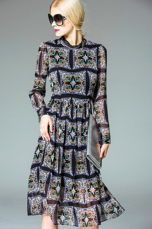 WOMEN'S PRINT AND FLORAL LONG SLEEVE COCKTAIL PARTY MIDI DRESS