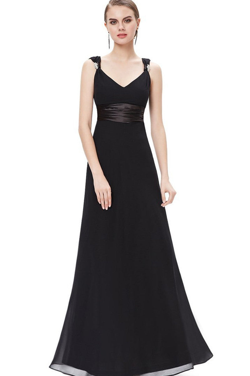 Double V-Neck Rhinestones Ruched Bust Gown Long Dress