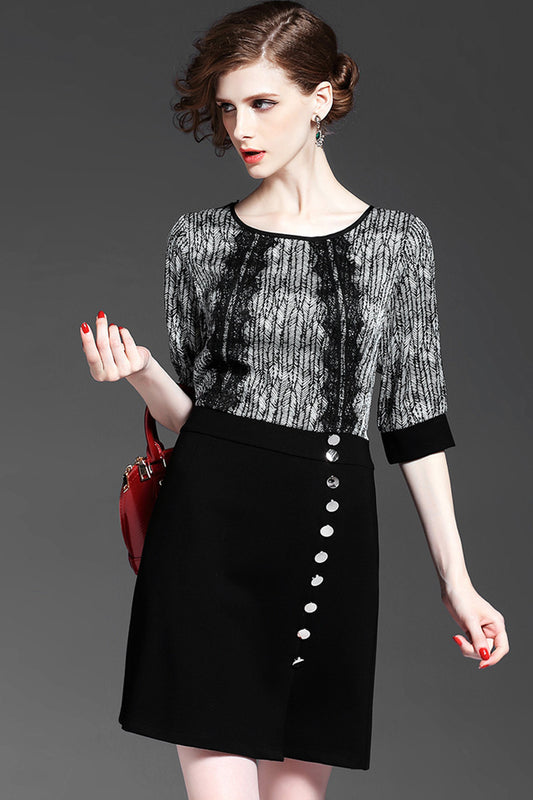 Round Collar Lace Patch Tunic Fitted Wrap Strecth Dress