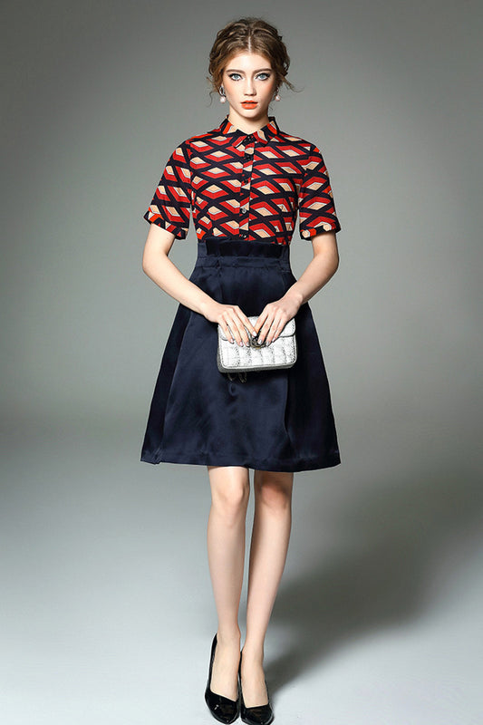 FORMAL SHORT SLEEVE POLO NECK DIAMOND PATTERN DRESS