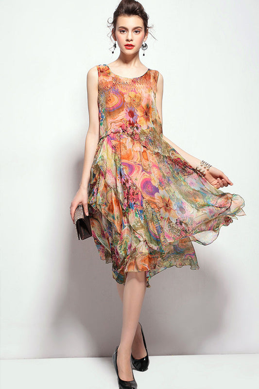 Round Collar Colorful Printed Chiffon Flare Dress