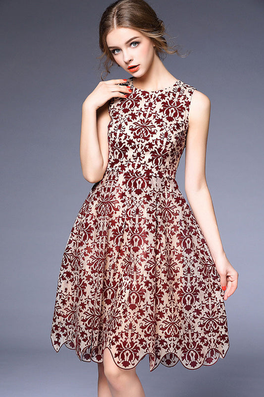 Round Collar Elegant Pattern Wavy Hemline Slim Short Dress