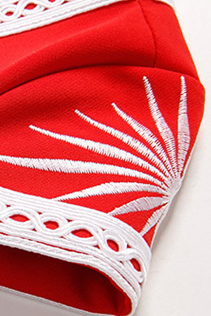 Round Collar Geometric Embroidered Cap Sleeve Slim Dress
