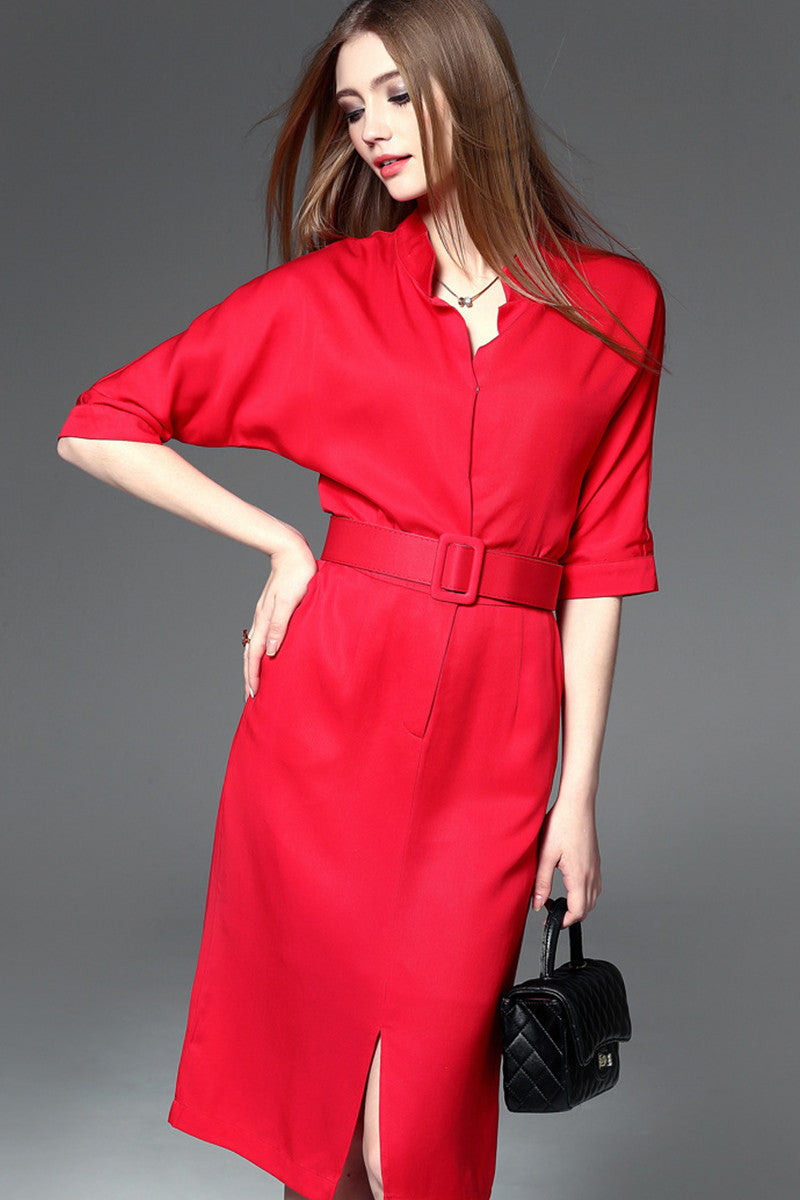 WOMEN'S ELEGANT WEAR TO WORK MIDI DRESS WITH BELT