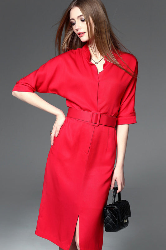 WOMEN'S ELEGANT WEAR TO WORK MIDI DRESS WITH BELT