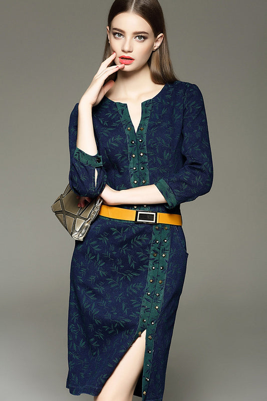 Grass Printing Front Side Slit Dress