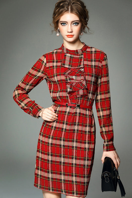 Round Collar Scottish Plaid Print Slim Dress With Belt