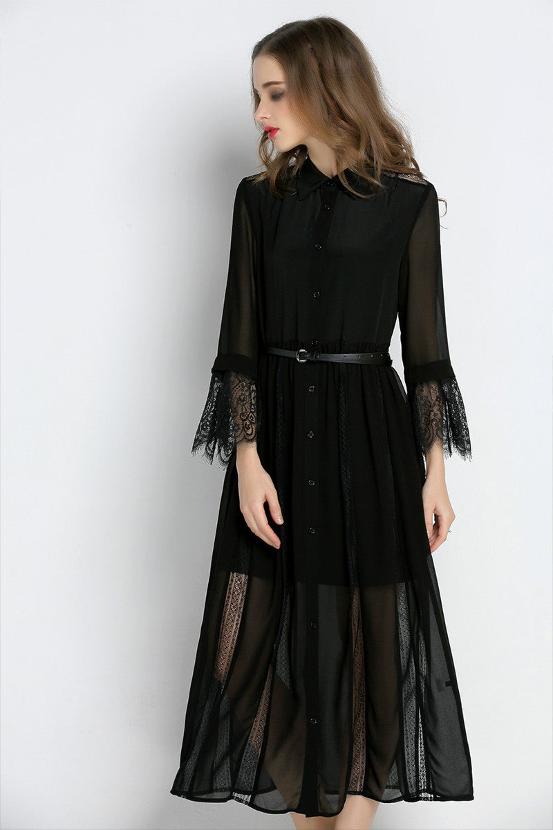 Lapel Neck Flare Sleeve Button Down Sheer Lace Dress With Belt