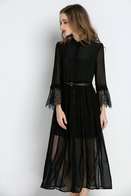 Lapel Neck Flare Sleeve Button Down Sheer Lace Dress With Belt
