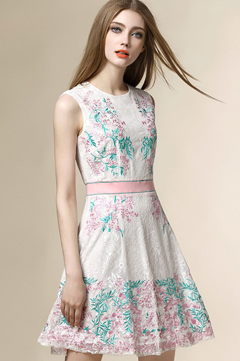 Round Collar Floral Embroidery Print  Lace Patch Slim Chiffon Dress