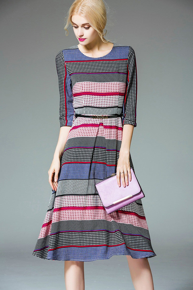 WOMEN'S PLAID ROUND NECK 3/4 SLEEVE VINTAGE MIDI DRESS
