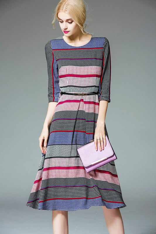 WOMEN'S PLAID ROUND NECK 3/4 SLEEVE VINTAGE MIDI DRESS