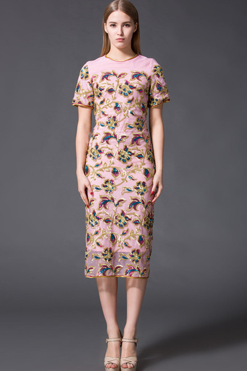 ELEGANT BEADED SHORT SLEEVE ROUND NECK MIDI DRESS